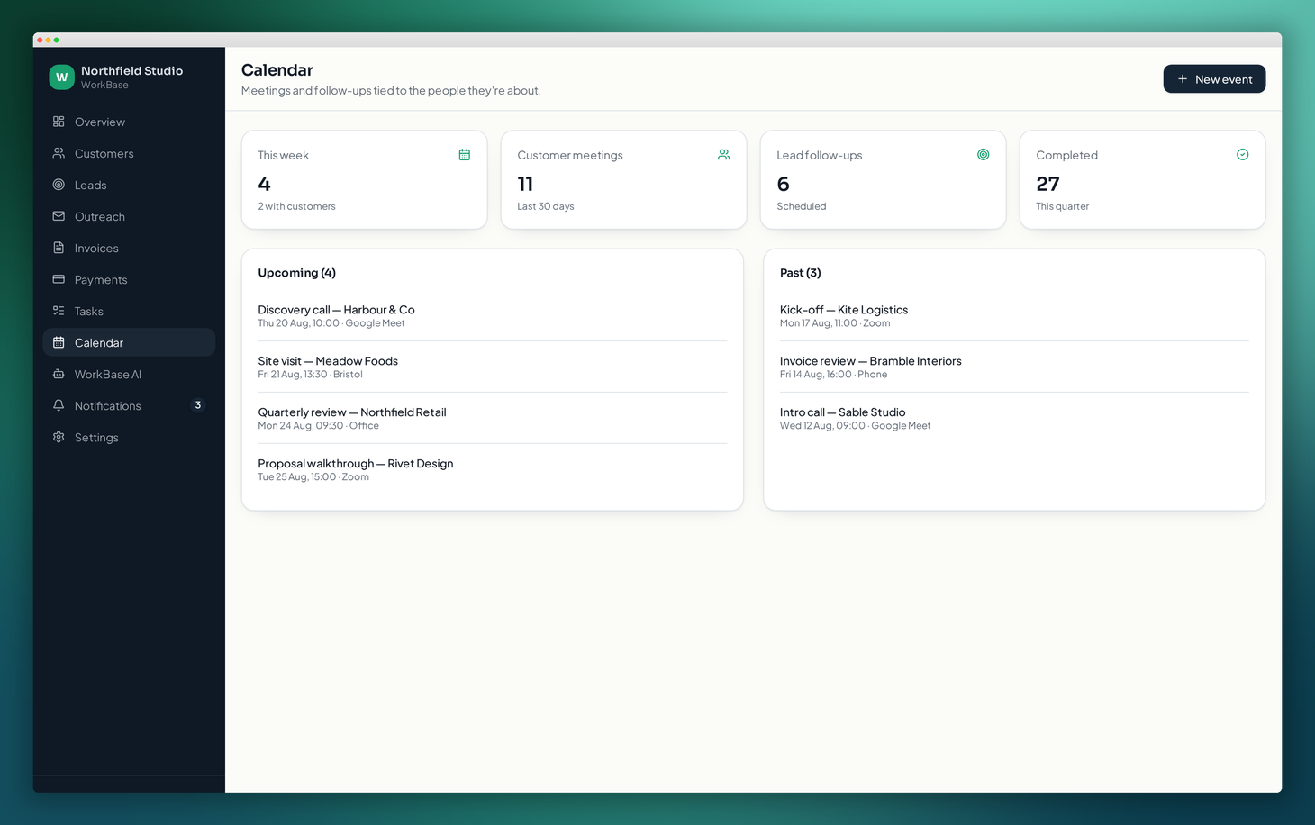 The WorkBase calendar screen listing upcoming and past meetings and follow-ups with customers and leads