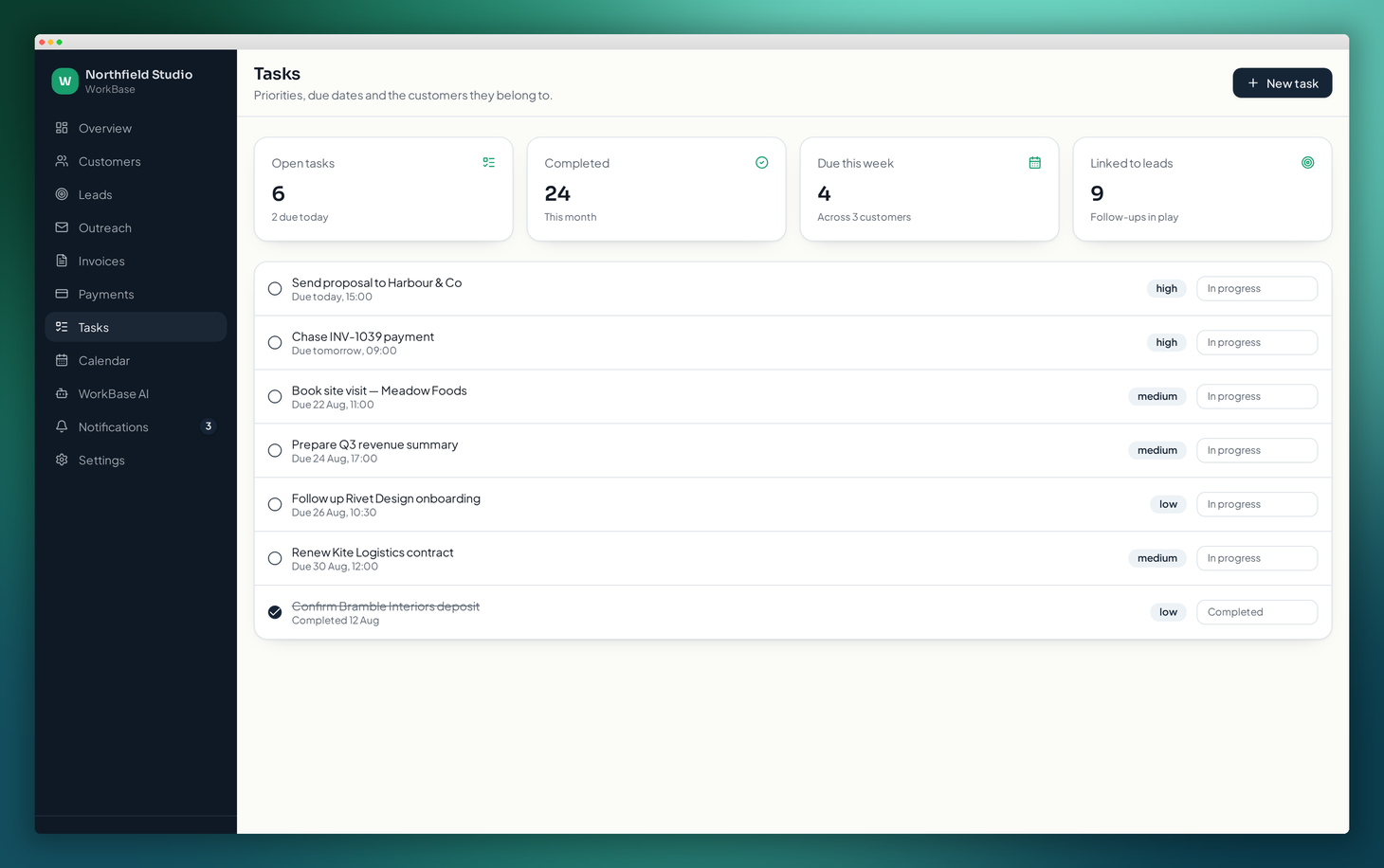 The WorkBase tasks screen with open tasks, priorities, due dates and completion checkboxes